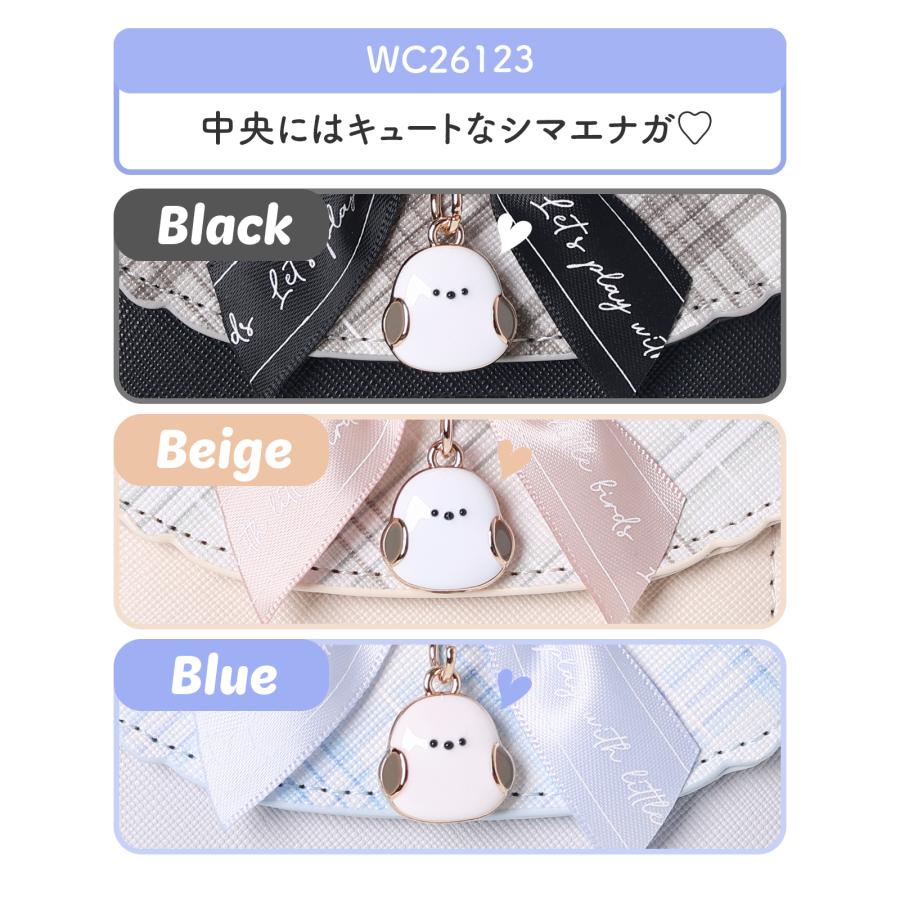 シマエナガ ミニ財布 三つ折り財布 チェック柄 プレート付き 合皮