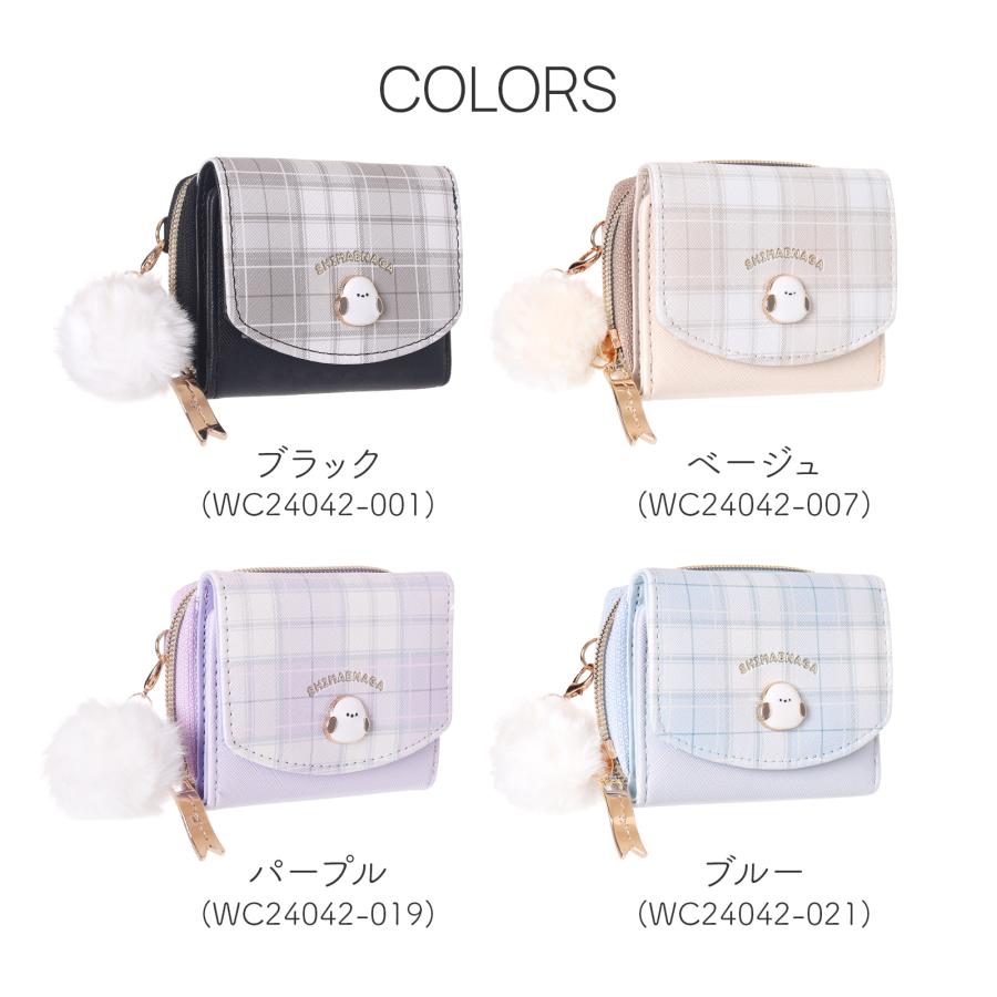 シマエナガ ミニ財布 三つ折り財布 チェック柄 プレート付き 合皮