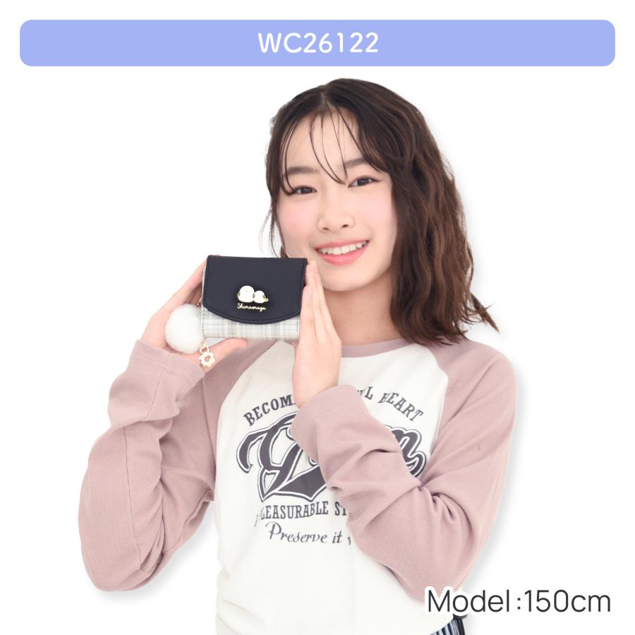 シマエナガ ミニ財布 三つ折り財布 チェック柄 プレート付き 合皮