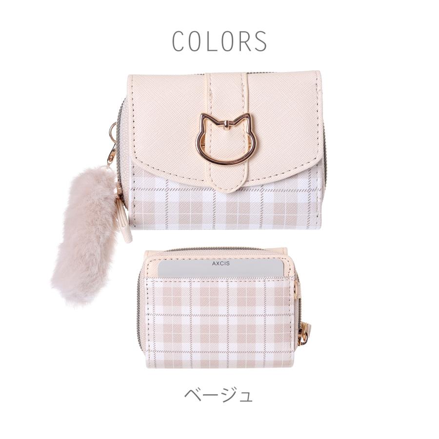ネコバックル 三つ折り ミニ財布 チェック柄 合皮 女の子 かわいい