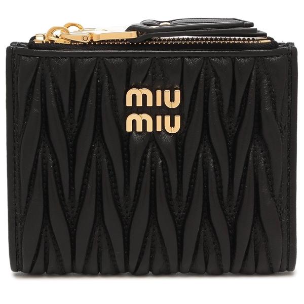 極美品 MIUMIU 折り財布 マテラッセ ゴールドロゴ ブラック miu miu（ミュウミュウ） 二つ折り財布 マテラッセ ブラック ゴールド