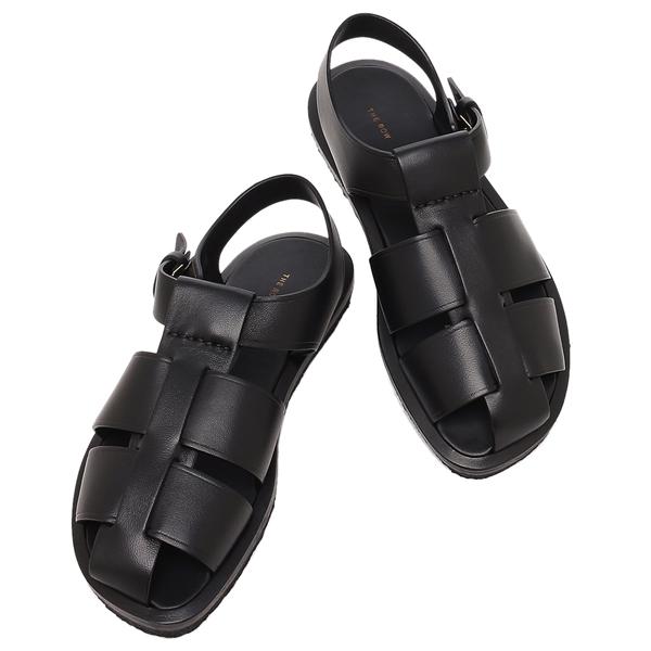 【THE ROW 】　極美品　ブラック ストラップサンダル Hughスリムストラップ レザー製スライド ブラック – The Row