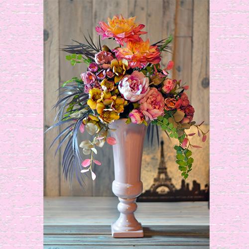 各種お祝い花ギフト・新築・開業・開店・お誕生日お祝いなどに美しいピンクのアーティフィシャルフラワーアレンジメント「Cr0ire」造花　