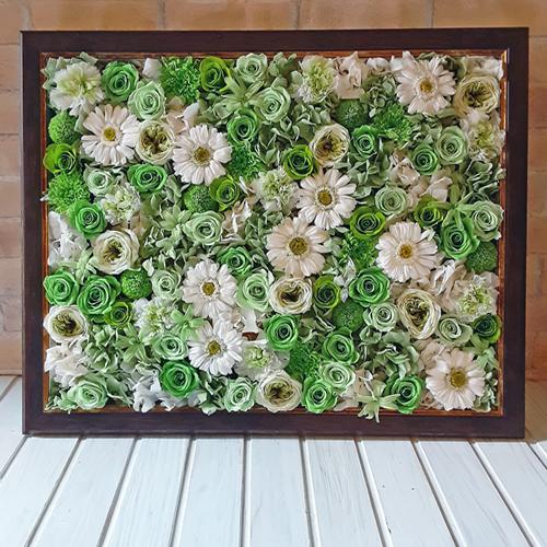 プリザーブドフラワーのフレームアレンジ「Luna verte」グリーン　大きい　豪華　白