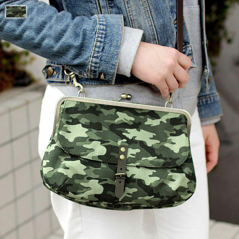 がま口 レディースファッション バッグ ショルダーバッグ がま口フラップバッグ 大 帆布 迷彩柄 帆布 迷彩柄