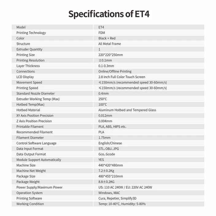 Anet ET4オールメタルフレームDIY 3Dプリンターキット220 * 220 250mm