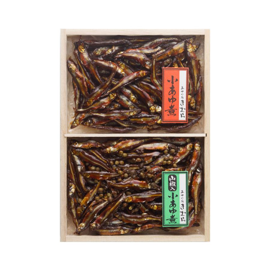 ギフト 鮎 甘露煮 佃煮 琵琶湖産天然小あゆ煮 二種詰合せ 木箱入 詰め合わせ セット [ あゆの店きむら / KB2M ] あゆ アユ 小鮎 佃煮 甘露煮 |  | 01