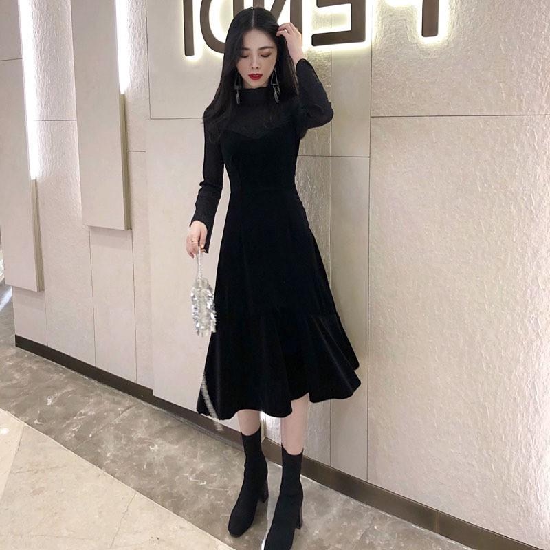 黒い ワンピース 秋冬物 長袖 レトロベルベット ワンピース 着やせ 女子会 レディース 着やせ 上質感 Y アユストア 通販 Yahoo ショッピング