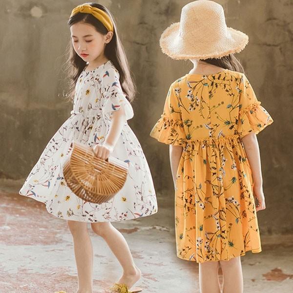 子供服 ワンピース 韓国子供服 女の子 ワンピース 膝丈 キッズ 袖あり シフォン ドレス 花柄 可愛い 夏服 通学着 通園着 Y アユストア 通販 Yahoo ショッピング