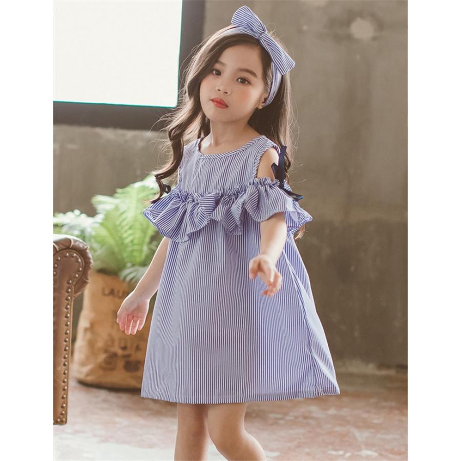 子供服 ワンピース キッズ 韓国子供服 女の子 ジュニア 夏 膝丈 肩出し ベビーワンピース ストライプ 子供ドレス Dress おしゃれ 可愛い 通学着 通園着 Y アユストア 通販 Yahoo ショッピング