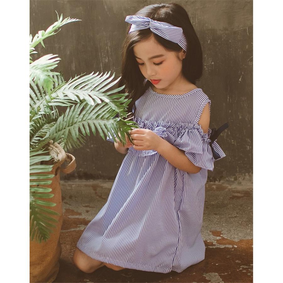子供服 ワンピース キッズ 韓国子供服 女の子 ジュニア 夏 膝丈 肩出し ベビーワンピース ストライプ 子供ドレス Dress おしゃれ 可愛い 通学着 通園着 Y アユストア 通販 Yahoo ショッピング