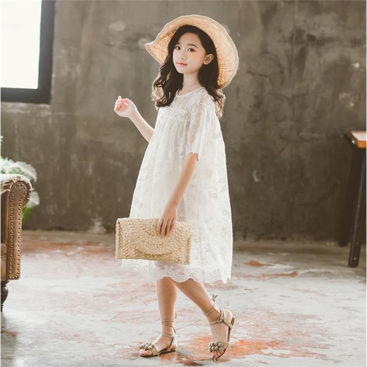 子供服 ワンピース キッズ 子供ドレス Dress 韓国子供服 ジュニア 女の子 夏 半袖 膝丈ワンピース 白 刺繍 レース カジュアル おしゃれ 可愛い 通学着 通園着 Y アユストア 通販 Yahoo ショッピング