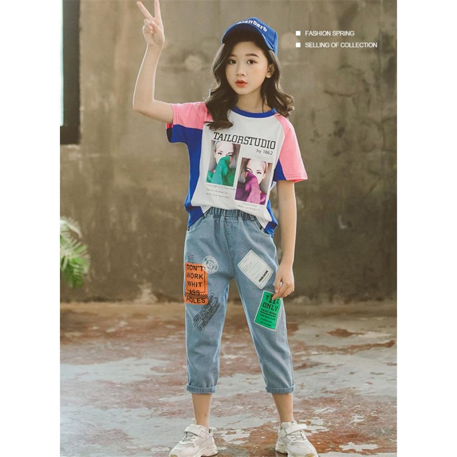 子供服 セットアップ 女の子 韓国子供服 キッズ ジュニア 春夏 上下セット 2点セット 半袖 Tシャツ デニムパンツ 長ズボン 薄手 可愛い おしゃれ 通学着 新品 Y アユストア 通販 Yahoo ショッピング