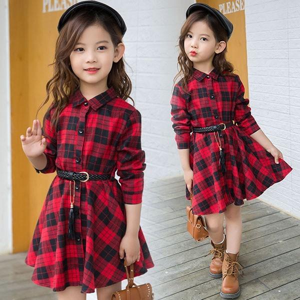 子供服 ワンピース キッズ 女の子 秋着 長袖 シャツワンピース 膝丈 子供ドレス 新品 Dress おしゃれ 新発売の 韓国子供服 可愛い ベルト付き チェック柄 カジュアル