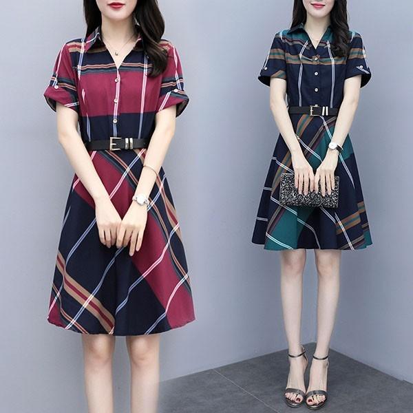 ワンピース レディース 40代 きれいめ 夏 シャツワンピース 膝丈 半袖 チェック柄 大きいサイズ パーティードレス 韓国風 おしゃれ 可愛い 通勤 Ol 上品 着痩せ Y アユストア 通販 Yahoo ショッピング