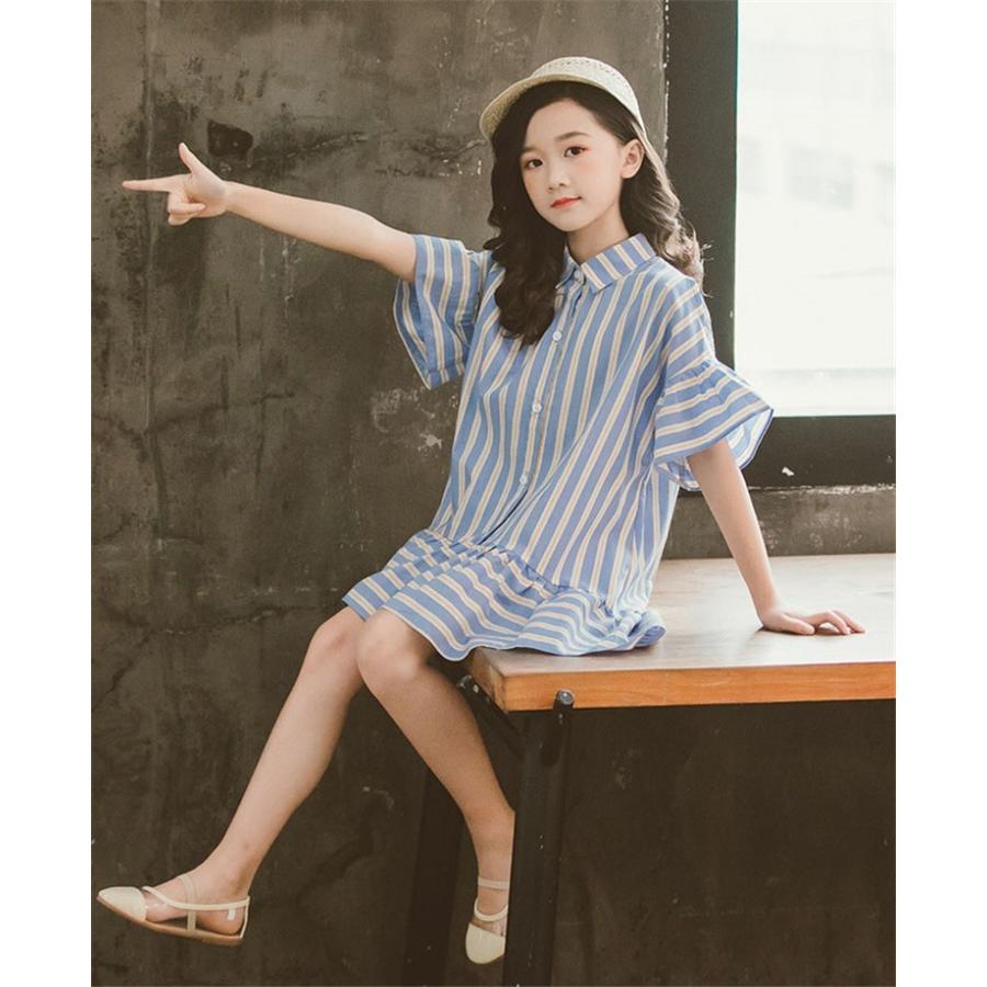 子供服 ワンピース キッズ 子供ドレス Dress 韓国子供服 ジュニア 女子 夏 半袖 シャツワンピース 膝丈 ストライプ カジュアル おしゃれ 可愛い 通学着 Y アユストア 通販 Yahoo ショッピング