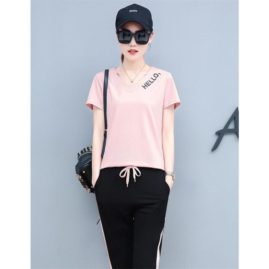 ジャージ レディース 上下 セット おしゃれ セットアップ 夏 40代 きれいめ Tシャツ 半袖 Vネック 七分丈パンツ 運動服 大きいサイズ 部屋着 韓国風 着痩せ Y4504 アユストア 通販 Yahoo ショッピング