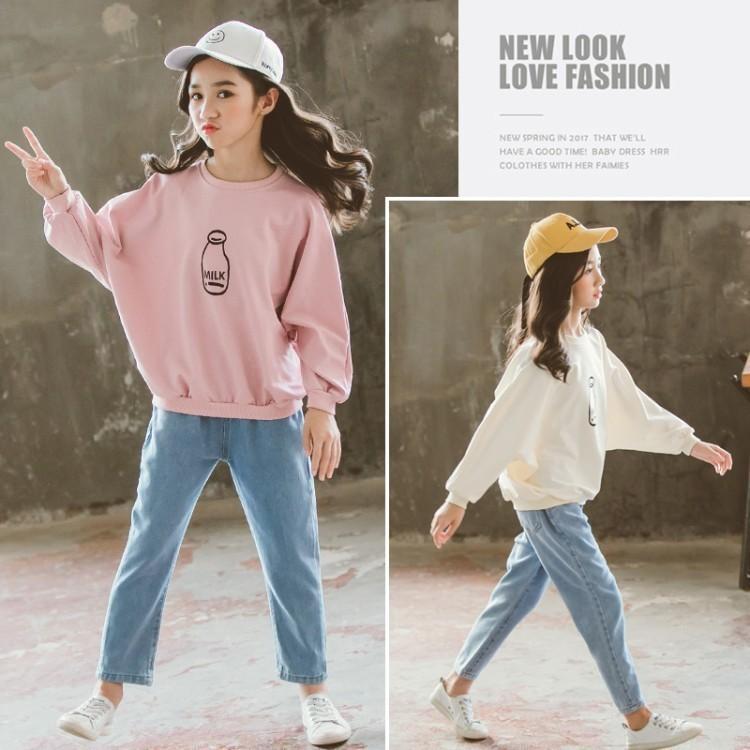 子供服 セットアップ キッズ 女の子 長袖 春秋 上下セット 韓国子供服 ジュニア Tシャツ 丸首 長ズボン デニムパンツ カジュアル 可愛い おしゃれ 小学生 通学着 Y アユストア 通販 Yahoo ショッピング
