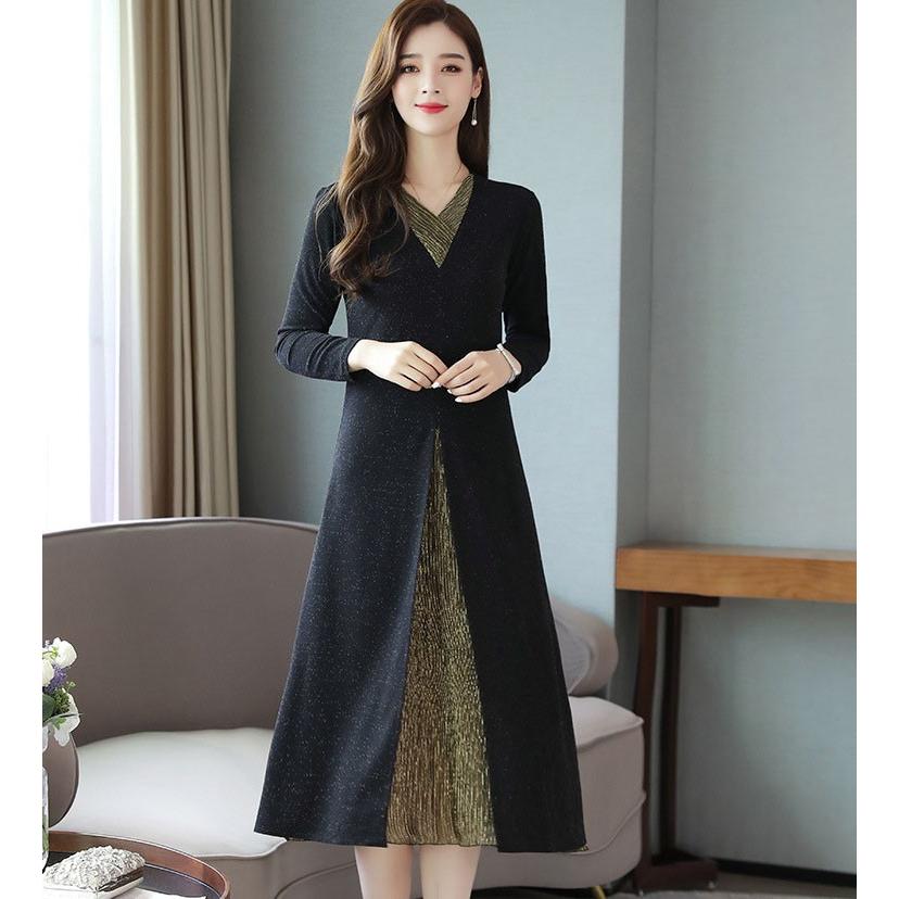 ワンピース レディース 40代 きれいめ 長袖 上品 秋冬 秋服 膝丈ワンピース Vネック 無地 大きいサイズ パーティードレス 韓国風 おしゃれ 通勤 着痩せ Ol 新品 Y アユストア 通販 Yahoo ショッピング