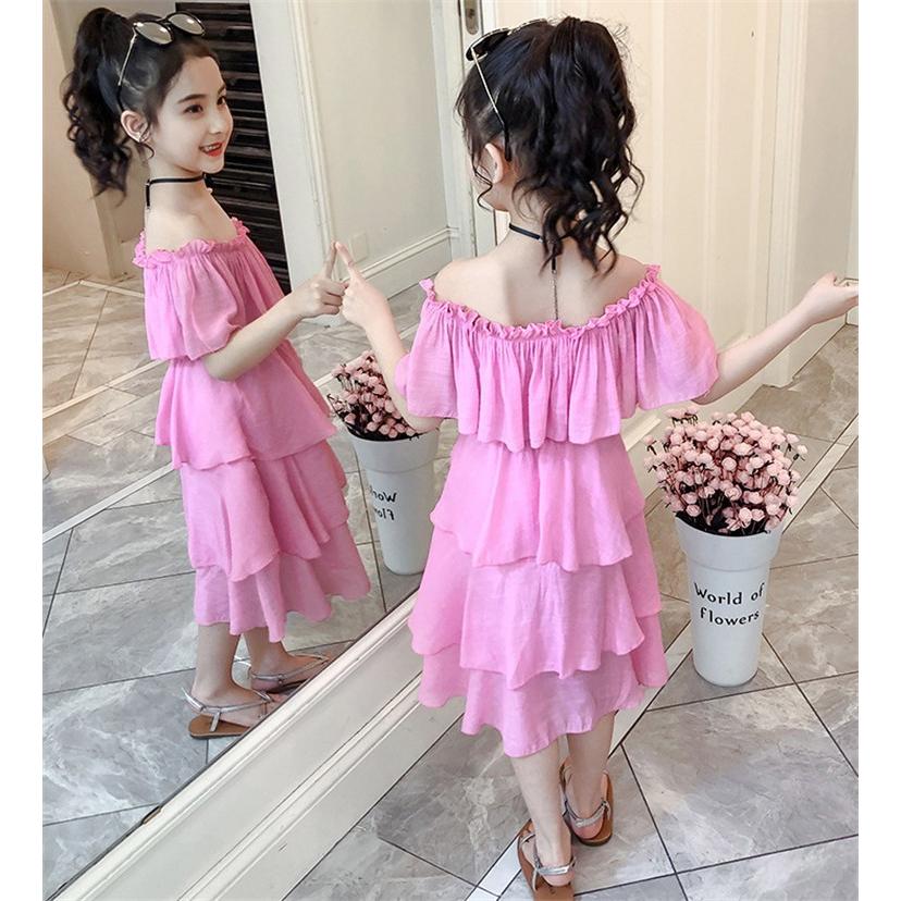 ワンピース 半袖 コットン 膝丈 通気性 キッズ 肩フリル Aライン 女の子 子供服 ガールズ