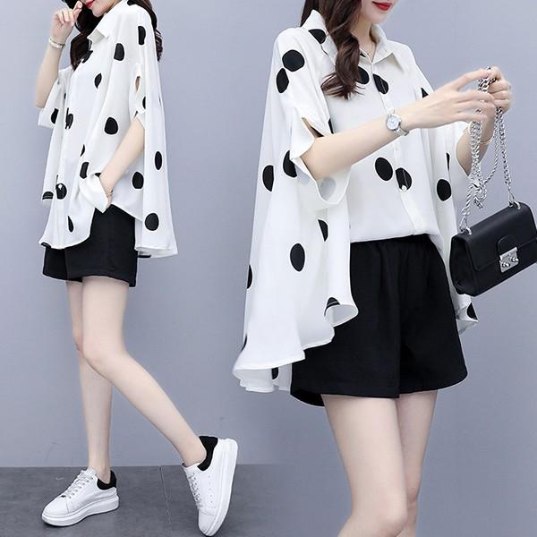 セットアップ レディース 夏 カジュアル 40代 30代 韓国風 2点セット 上下セット ブラウス 半袖 ドット ショートパンツ 大きいサイズ おしゃれ 着痩せ 通勤 新品 Y4536 アユストア 通販 Yahoo ショッピング