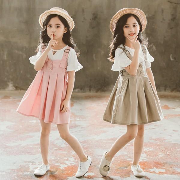 子供服 セットアップ キッズ 女の子 夏 2点セット 上下セット Tシャツ 半袖 ワンピース サロペット ジュニア おしゃれ 可愛い カジュアル 小学生 新品 150 160 21新発