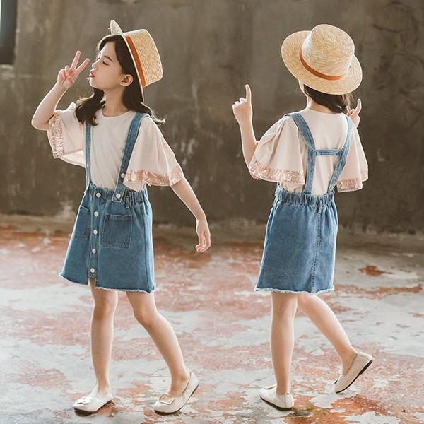 子供服 セットアップ キッズ 女の子 夏 2点セット 上下セット Tシャツ 半袖 デニムスカート