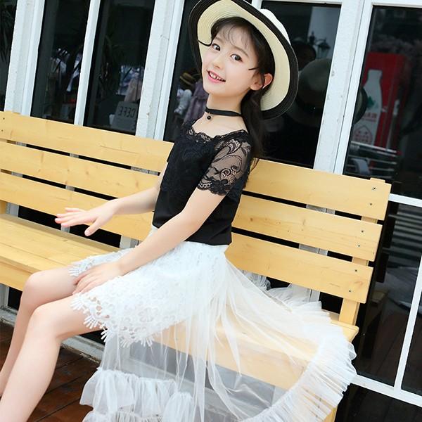 子供服 セットアップ キッズ 女の子 春夏 2点セット 上下セット 半袖 レース スカート ロング チュール ジュニア おしゃれ 可愛い カジュアル 小学生 新品 150 本物