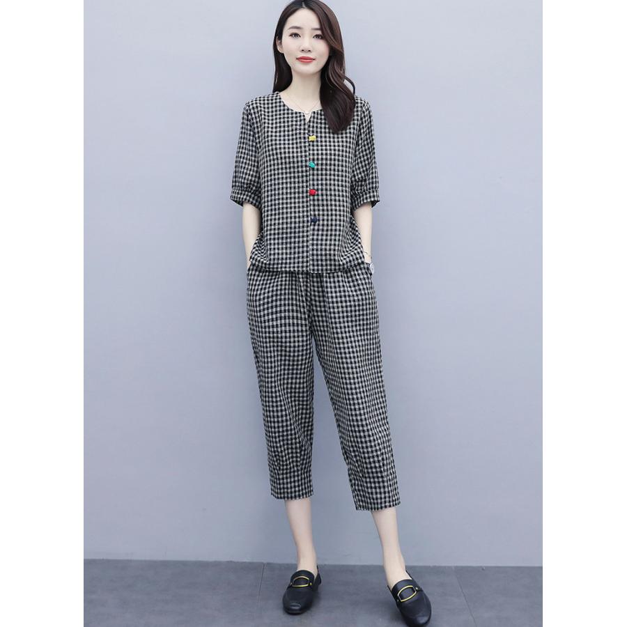 セットアップ レディース 夏 40代 代 コーデ カジュアル 2点セット シャツ 半袖 チェック柄 ガウチョパンツ 綿麻 大きいサイズ 韓国風 おしゃれ 着痩せ 通勤 Y アユストア 通販 Yahoo ショッピング