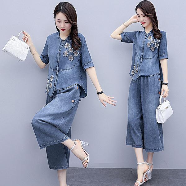 セットアップ レディース 夏 40代 代 コーデ カジュアル トップス 半袖 デニムパンツ ガウチョパンツ 大きいサイズ 韓国風 おしゃれ 着痩せ 通勤 上品 新品 Y アユストア 通販 Yahoo ショッピング