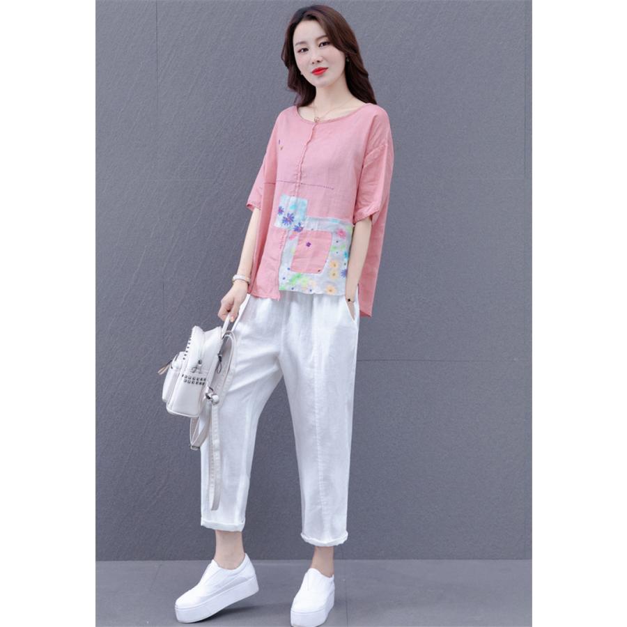 セットアップ レディース 夏 40代 代 コーデ カジュアル Tシャツ 半袖 綿麻 花柄 長ズボン ガウチョパンツ 大きいサイズ 韓国風 おしゃれ 着痩せ 通勤 上品 Y アユストア 通販 Yahoo ショッピング