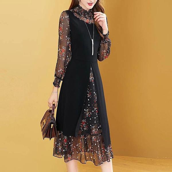 ワンピース レディース 40代 代 春秋 長袖 きれいめ 上品 シフォンワンピース ロング丈 花柄 大きいサイズ パーティードレス おしゃれ 韓国風 着痩せ Ol 新品 最安値に挑戦