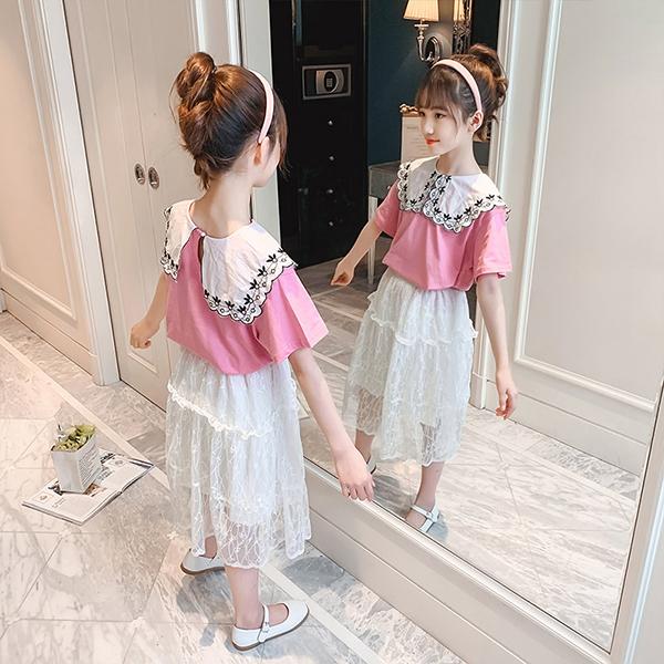 子供服 セットアップ キッズ 女の子 夏服 トップス 半袖 ブラウス Tシャツ スカート レース 韓国子ども服 ジュニア ベビー服 おしゃれ 可愛い カジュアル 新品 85 以上節約