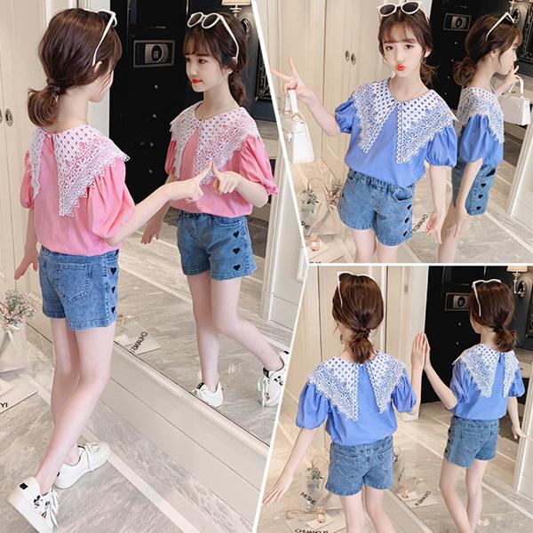 子供服 セットアップ キッズ 女の子 春夏 トップス 半袖 ブラウス Tシャツ デニムパンツ ハーフパンツ