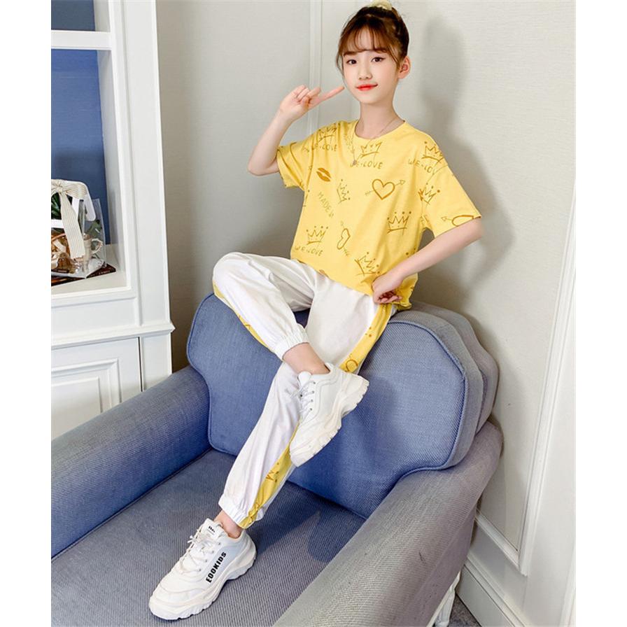 ジャージ キッズ 女子 上下 半袖 夏服 子供服 セットアップ トップス Tシャツ ロングパンツ 長ズボン スポーツウェア 部屋着 薄手 可愛い おしゃれ カジュアル Y4516 アユストア 通販 Yahoo ショッピング