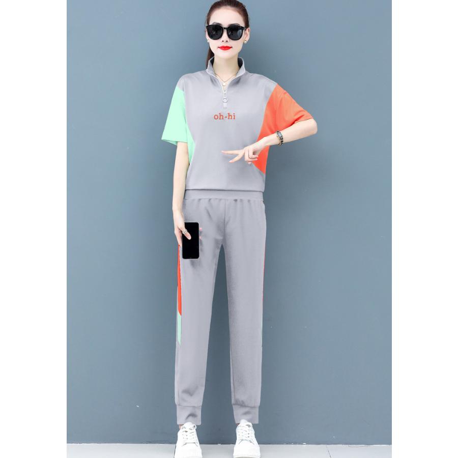ジャージ レディース 上下 夏 40代 カジュアル セットアップ お歳暮 トップス 半袖tシャツ 大きいサイズ おしゃれ 着痩せ 上品 新品 ロングパンツ スポーツウェア 通勤