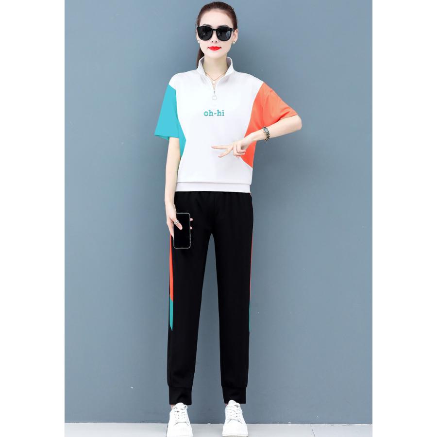 ジャージ レディース 上下 夏 40代 カジュアル セットアップ お歳暮 トップス 半袖tシャツ 大きいサイズ おしゃれ 着痩せ 上品 新品 ロングパンツ スポーツウェア 通勤