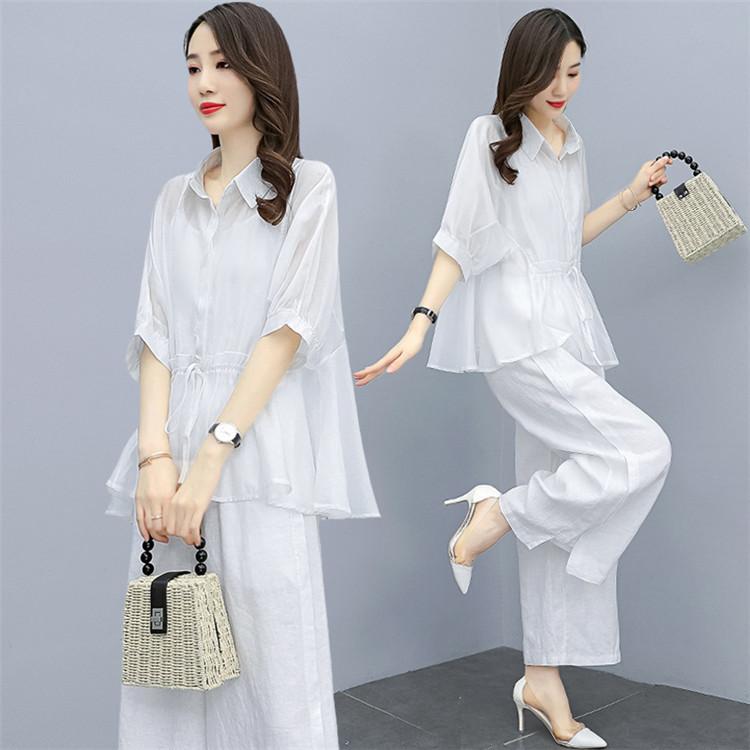 激安通販の セットアップ レディース 夏 カジュアル コーデ 40代 トップス 半袖 ブラウス チュニック ガウチョパンツ ワイドパンツ 綿麻 大きいサイズ おしゃれ 着痩せ 通勤 Honeymoon Style