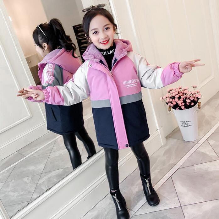 韓国子供服 コート キッズ 女の子 ウインドブレーカー 冬服 厚手 防寒 防風 フード付き ミックスカラー ミドル丈 中棉コート 通学 グリーン オレンジ 110 160 Sale