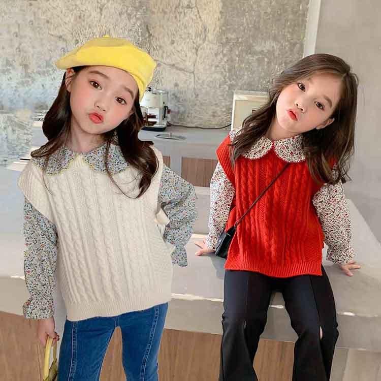 シャツ ベスト 2点セット 女の子 春服 新作 トップス 長袖 ラペル カジュアル キッズ ガールズ ニット コーデ 春着 秋着 オシャレ Ginger掲載商品