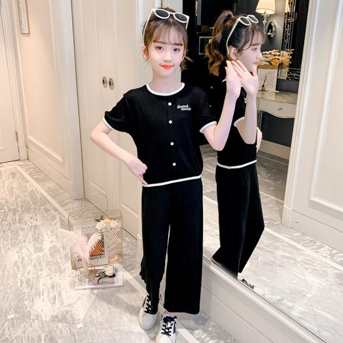 韓国子供服 可愛い 夏服 レジャー 上下セット 女の子 セットアップ 夏着 花柄 2点セット ブラック グリーン 普段着 通学着 旅行 リゾート キッズ 半袖tシャツ オープニングセール