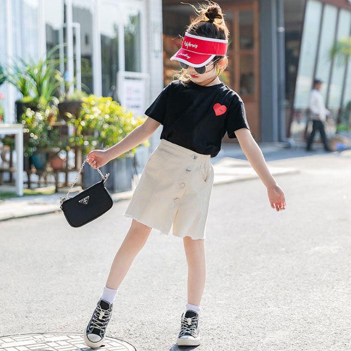 子ども服 夏 おしゃれ 女の子 セットアップ 上下セット レジャー Tシャツ キュロット 2点セット 半袖 ハート 夏着 キッズ デイリー ブラック ホワイト 110 170 Y アユストア 通販 Yahoo ショッピング