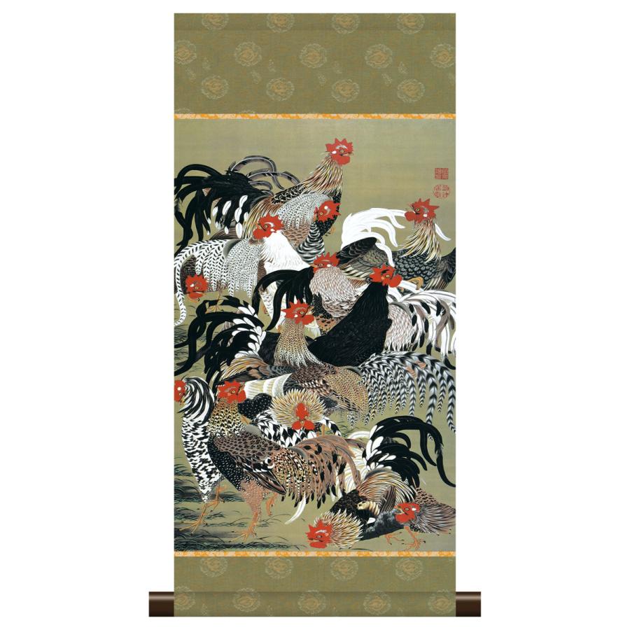 10年保証 掛け軸 ミニ掛け軸 和風 名画複製画 群鶏図 伊藤若冲 モダン