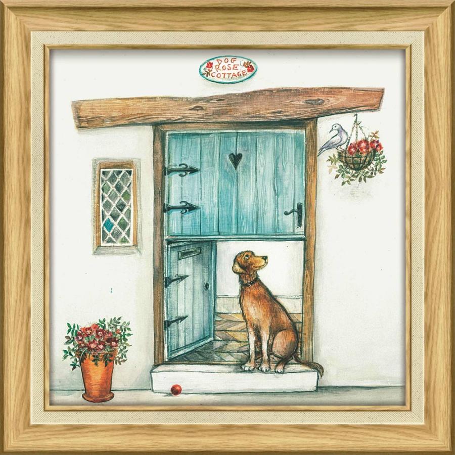 絵画 ジョー ラム「ドッグ ローズ コテージ」 壁掛け おしゃれ 額入 壁に飾る かわいい 犬 の絵 額付き モダン アートフレーム 玄関 に