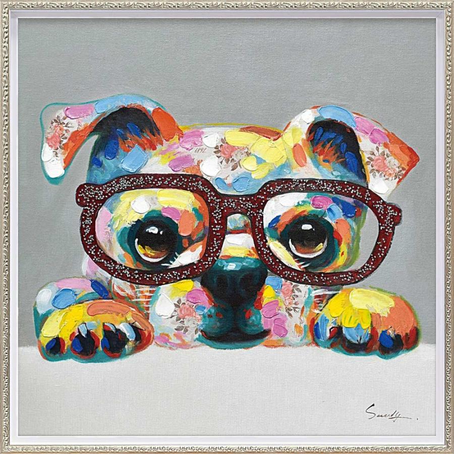 絵画 オイル ペイント アート「グリッター グラス（Mサイズ）」 インテリア 犬 壁掛け 額入り 油絵 ポスター アートパネル リビング 玄関 プレゼント モダン
