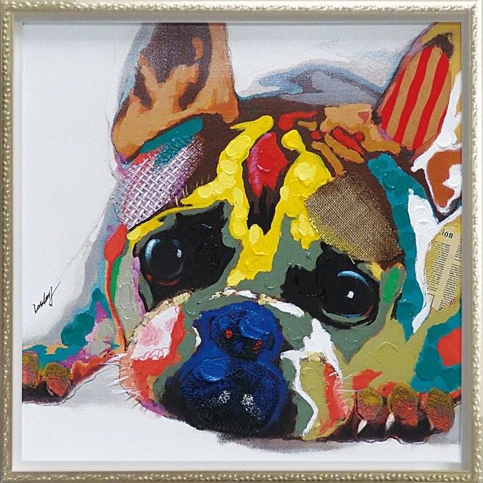 手描き油絵 オイル ペイント アート「カラフル ブルドッグ（Mサイズ）」 絵画 壁掛け 壁飾り インテリア 油絵 花 アートパネル ポスター 額入り リビング 玄関