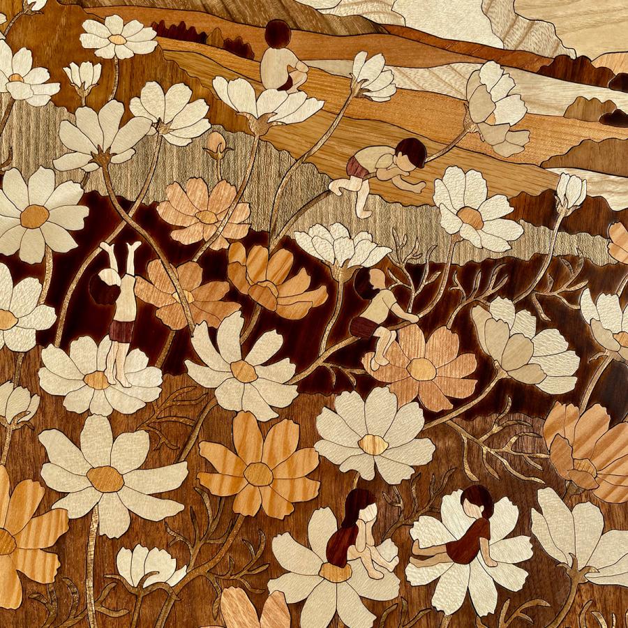 木枠の花の絵画 扁額 日本画 【 秀 園 筆 】 蓮の花図 木枠扁額仕立 47cmx123cm