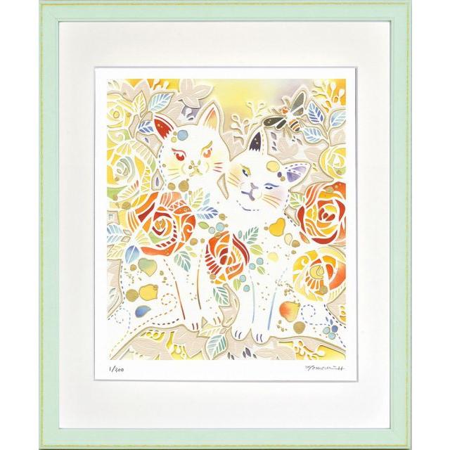絵画 平石 智美 黄色のバラと2匹のねこ(四ツ) 額付き おしゃれ