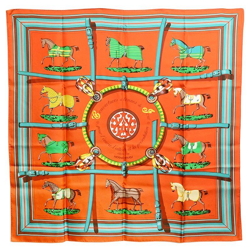 HERMES エルメス カレ90 馬着 シルク オレンジ グリーン HERMES エルメス カレ90 馬着 シルク オレンジ グリーン