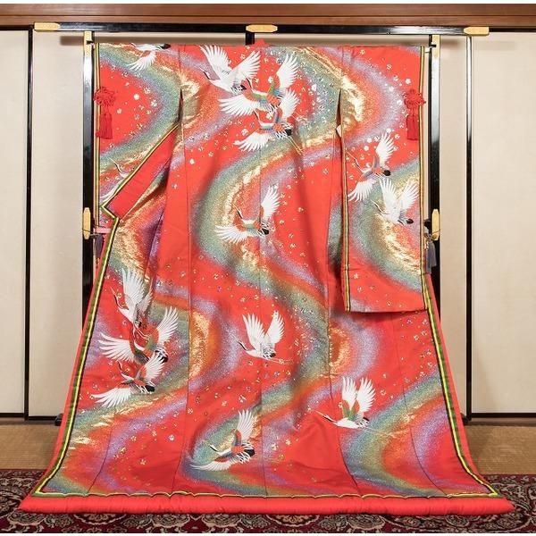 花嫁さんの打掛 朱赤地にレインボーに刺繍鶴 25239＃ : あざらし堂